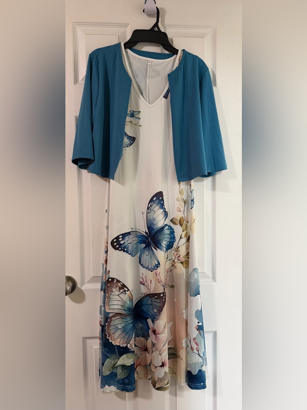 Blue Butterfly Print V-Neck Dress with Teal Bolero Size Medium